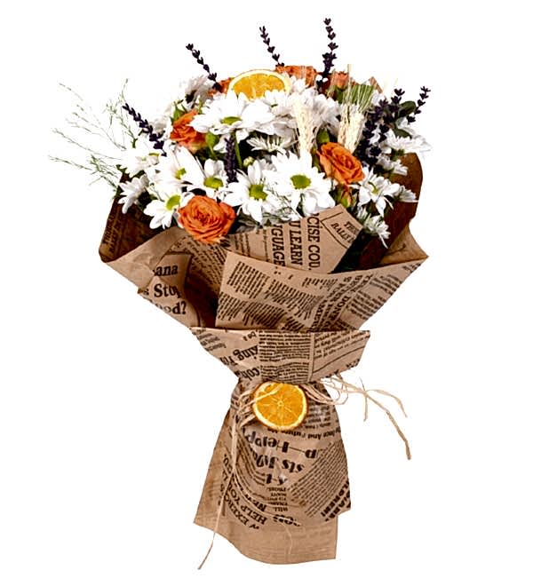 Beyaz Papatya ve Turuncu �ardak G�l Buketi