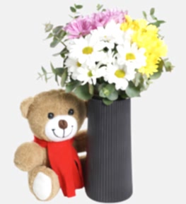 Siyah Vazoda Renkli Papatya ve Ay�c�k