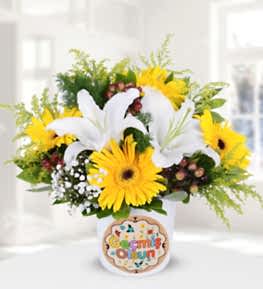 Seramikte Ge�mi� Olsun Temal� Lilyum Gerbera Aranjman�