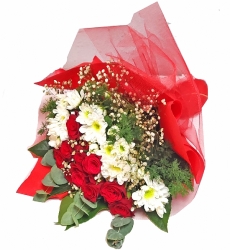 Tüller İçerisinde 9 Kırmızı Gül ve Papatya