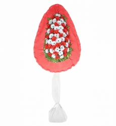 Kırmızı ve beyaz yapay gerberalar ile hazırlanmış tek katlı açılış ve düğün çelengi.