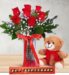 7 Kırmızı Gül Seni Seviyorum Çikolata