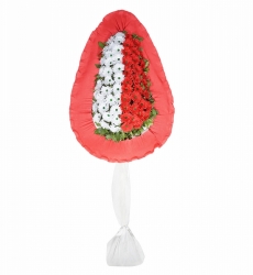 Beyaz ve kırmızı yapay gerbera ile hazırlanmış tek katlı açılış ve düğün çiçeği.