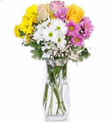 Vazoda Renkli Papatyalar ve Güller