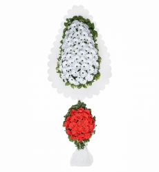 Beyaz ve kırmızı yapay gerberalar ile hazırlanmış çift katlı ayaklı açılış, nikah ve düğün çelengi.