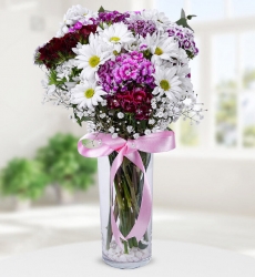 Beyaz Papatya Hüsnüyusuf Silindir vazo içerisinde beyaz papatya, hüsnüyusuf ve yeşillikler ile hazırlanmıştır.