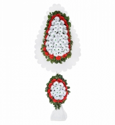 Beyaz ve kırmızı yapay gerberalar ile hazırlanmış çift katlı nikah, açılış ve düğün çiçeği.