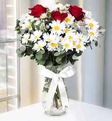 Vazoda Krizantem ve Kırmızı Gül Cam vazo içerisinde kırmızı gül ve beyaz krizantem ve yeşillikler ile hazırlanmıştır.