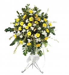 Sarı gerberalar ve karışık beyaz mevsim çiçekleri ile hazırlanmış açılış, düğün ve nikah çiçeği.