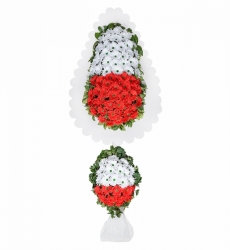 Kırmızı ve beyaz yapay gerberalar ile hazırlanmış açılış ve düğün çelengi.