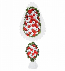 Kırmızı ve beyaz yapay gerberalar ile hazırlanmış çift katlı ayaklı açılış ve düğün çiçeği.