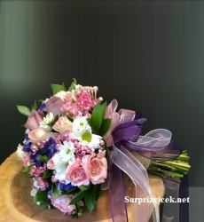 Mor Pembe Beyaz Canlı Gelin Buketi